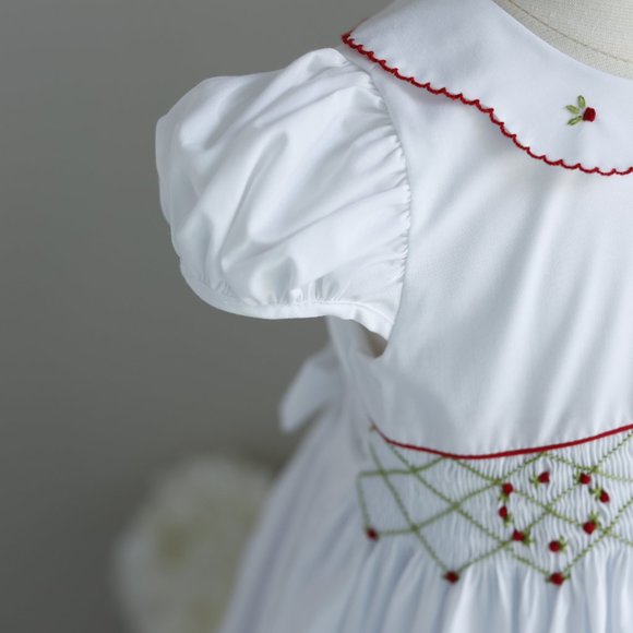 White Smocked Dress with Red and Green Embroidery Size 4 Boutique NWT - Picture 2 of 6